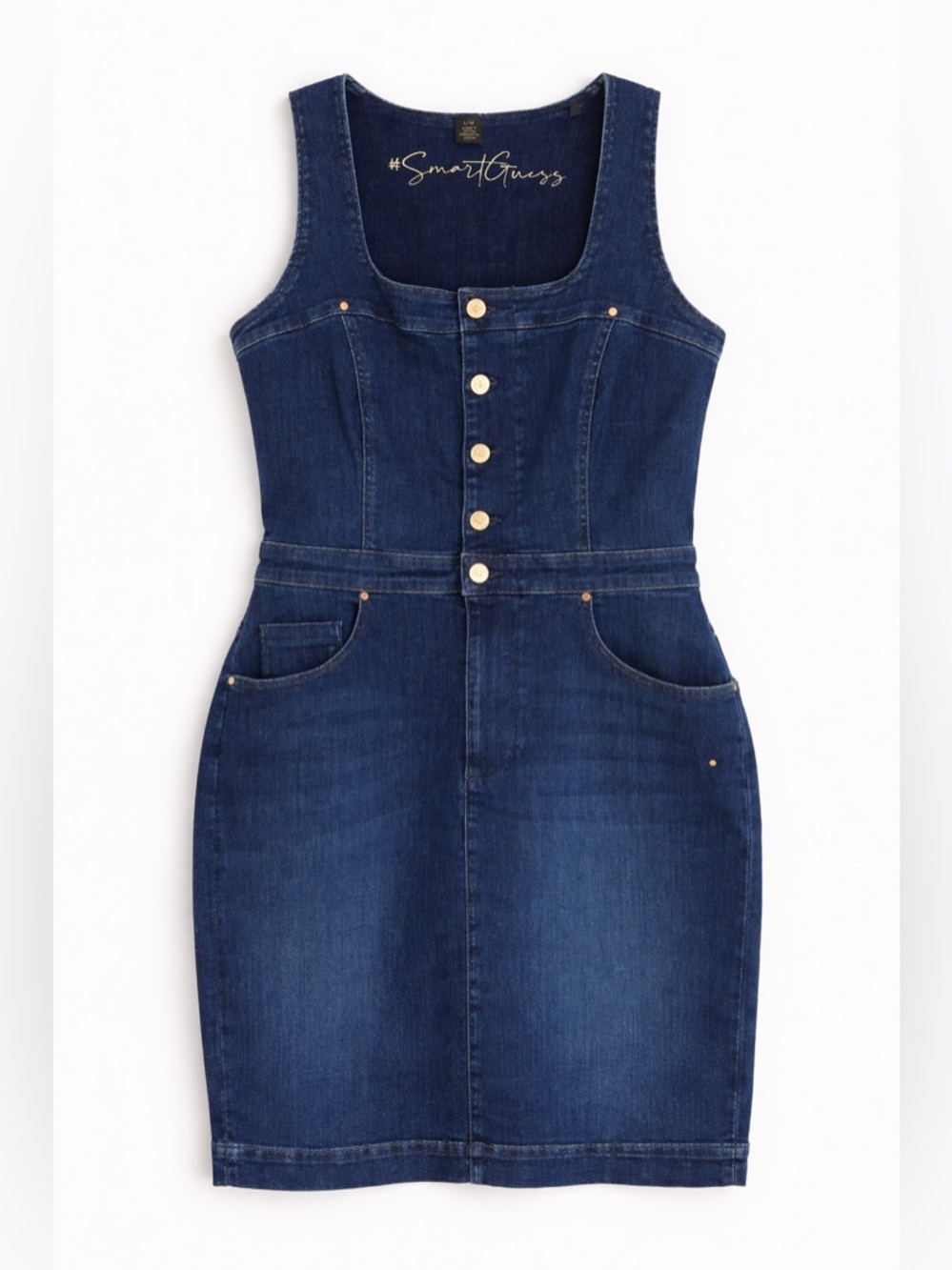 GUESS Stretch Denim Mini Dress Gold Button Front Structured Waist Y2K Jean Dress - Picture 7 of 17